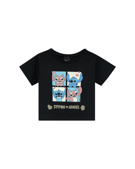 Blusa Cropped Infantil Menina Stitch Preta Em Algodão Malwee Kids