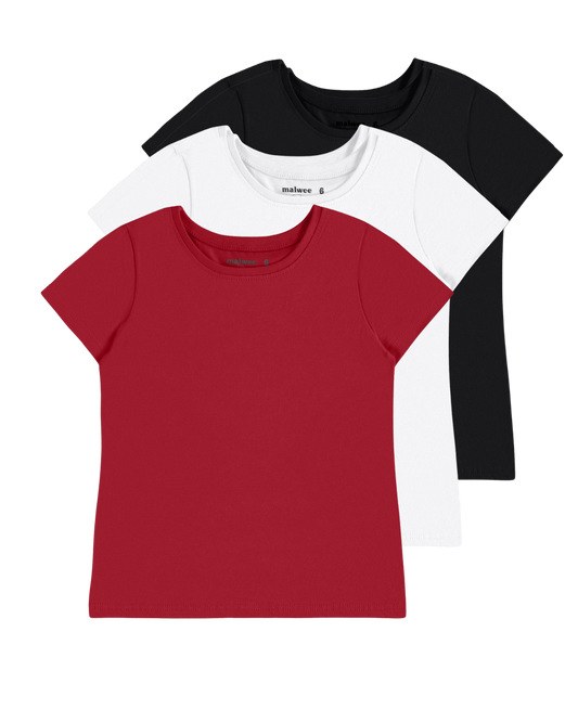 Kit - Blusa Infantil Menina Decote Redondo Vermelho/Branca/Preto Em Algodão Malwee Kids